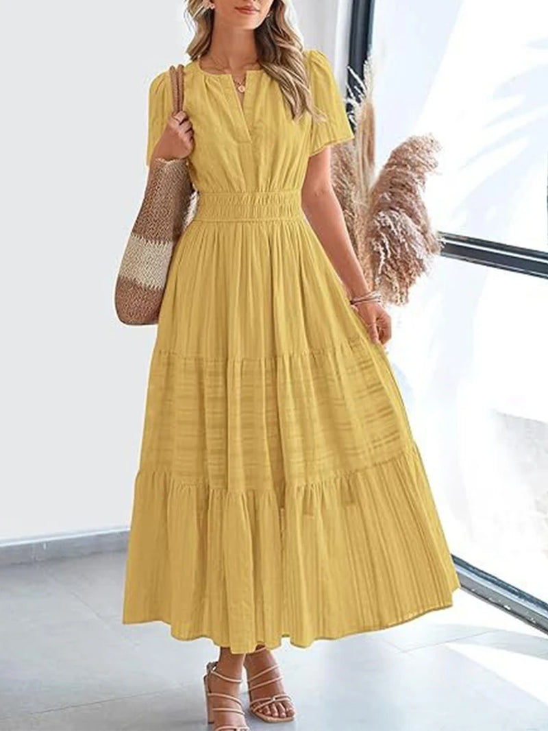 VivaSpring™ Layered Swing Dress – Women's V-Neck, Bubble Sleeves, and Big Swing Design for Effortless Style